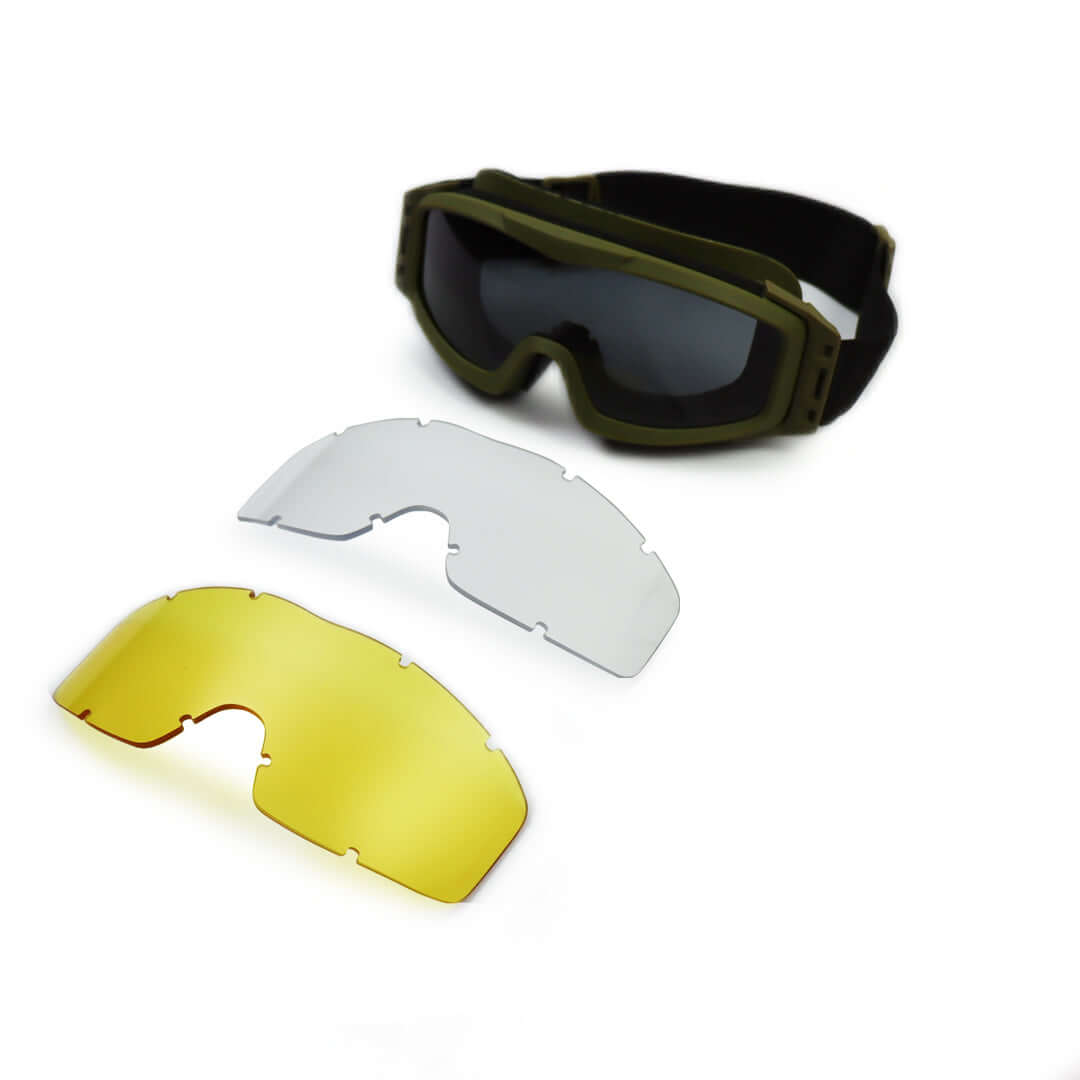 Military Goggles with three interchangeable lenses in yellow, clear, and dark for tactical use and ballistic protection.