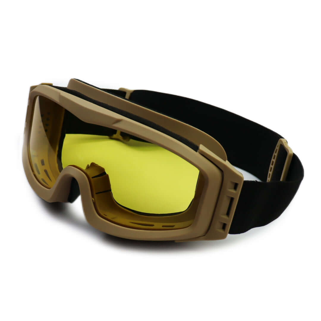 Night Vision Ballistic Goggles with yellow lenses and adjustable strap for tactical eye protection.