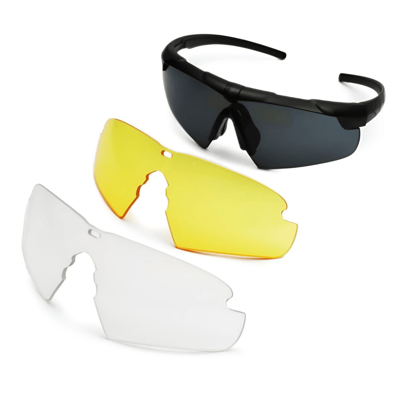 Tactical glasses - Military & Police ballistic eyewear 3-Lens Kit showing clear, yellow, and dark lenses.