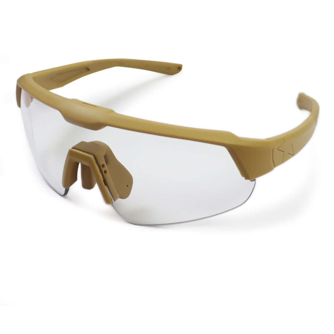 Ballistic Glasses with tan frame and tactical design for military-approved eye protection.