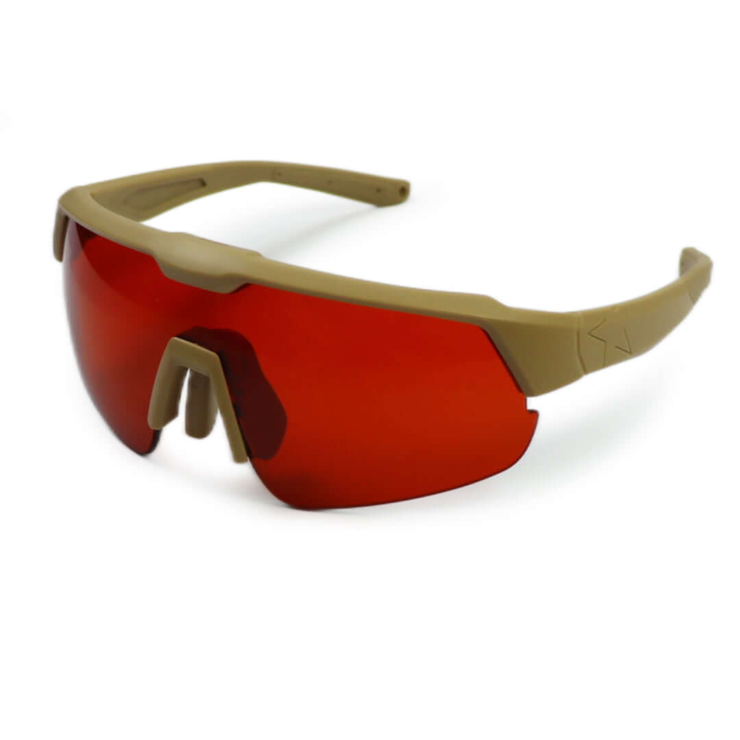 Laser Protective Spectacle with tan frame and red lens designed for military and police tactical use.