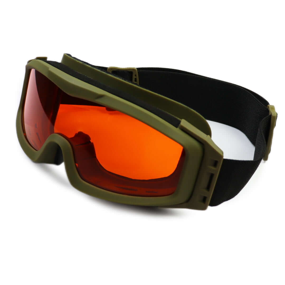 Laser Protective Goggles with green frame and orange lenses for military and law enforcement use.