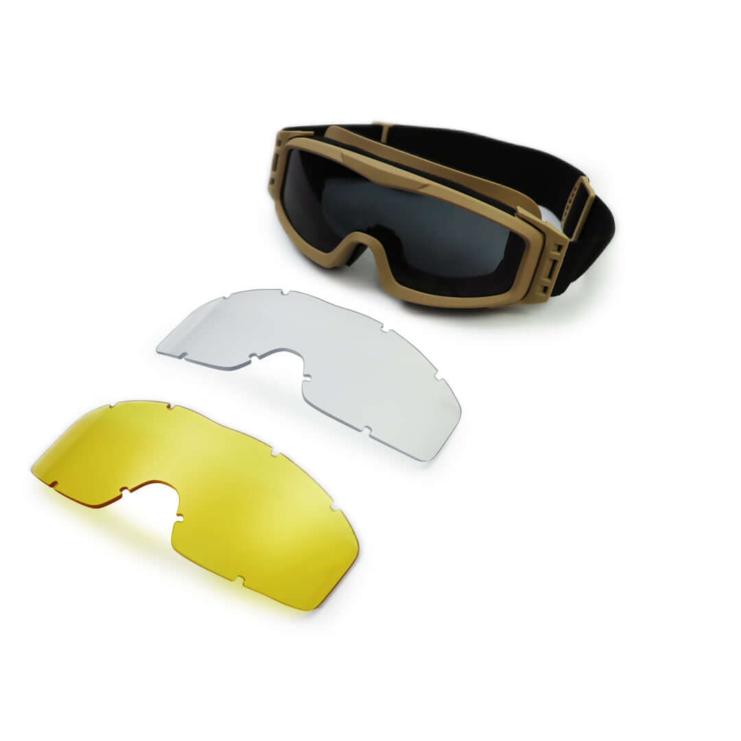 Ballistic Goggles (Windscreen) with tan frame and three interchangeable lenses, suitable for tactical use.