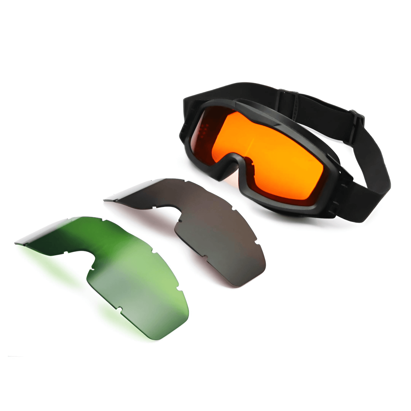 Ballistic Windscreen (Goggle) with two interchangeable lenses in green and black, designed for tactical protection.