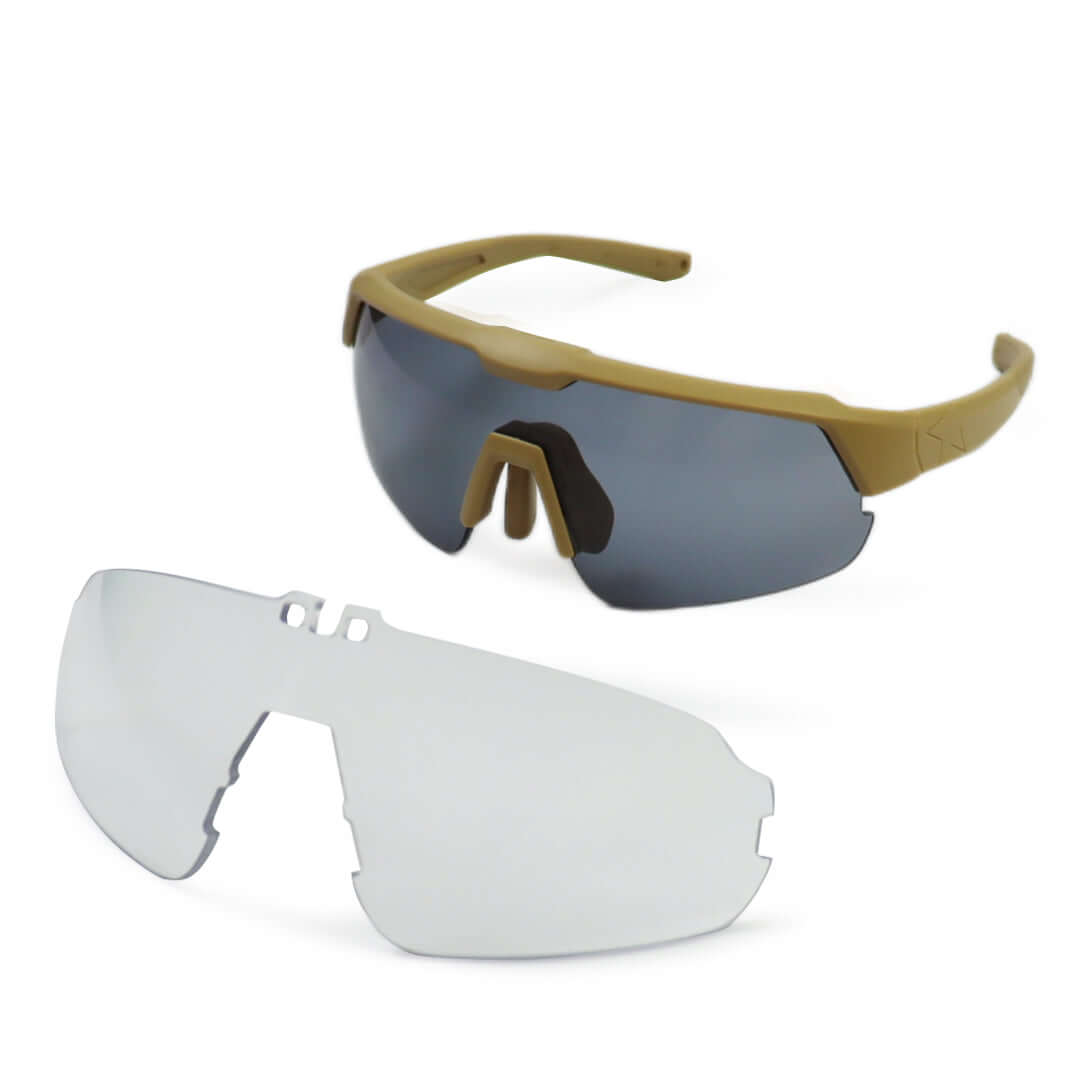 Tactical Ballistic glasses in tan frame with two interchangeable lenses for military eye protection.