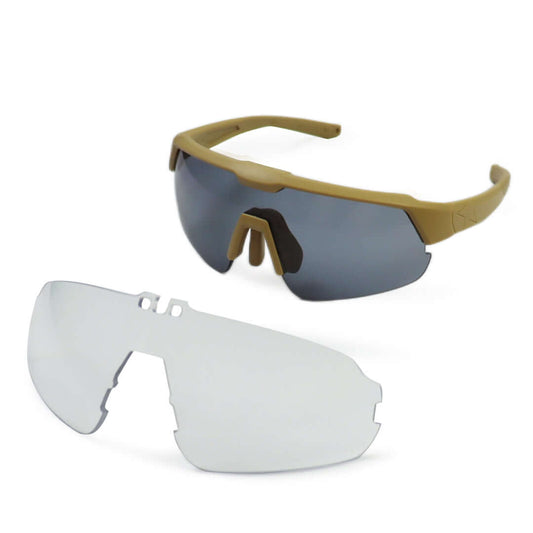 Tactical Ballistic glasses in tan frame with two interchangeable lenses for military eye protection.