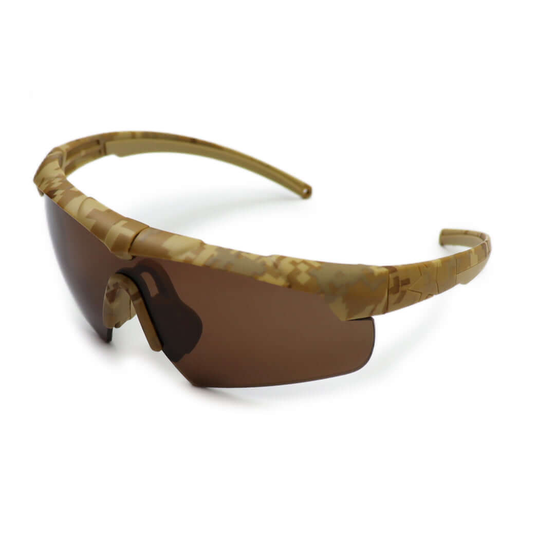 Ballistic Sunglasses with camouflage frame for military and tactical use.