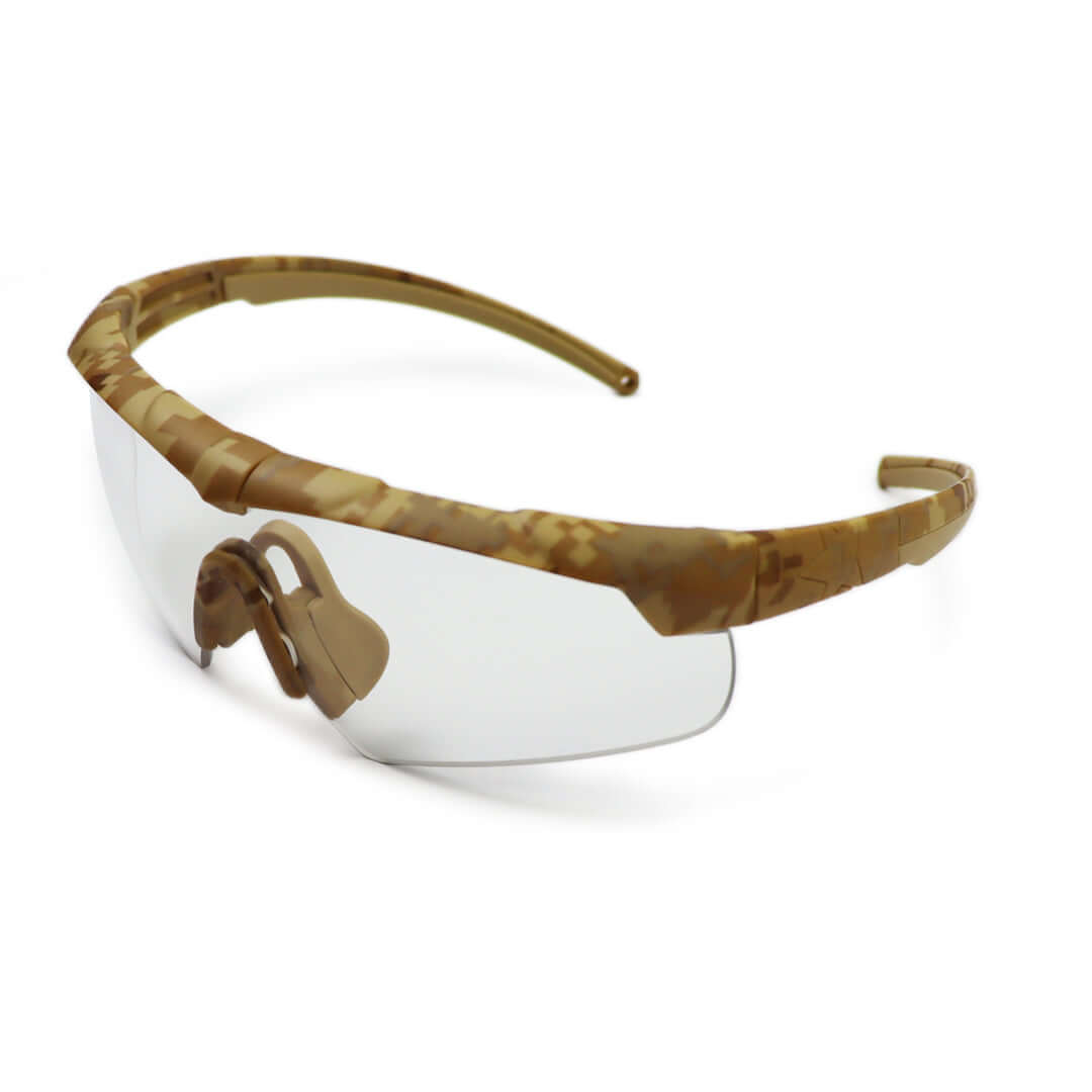 Ballistic Glasses with camouflage frame, designed for tactical military use and certified for maximum protection.