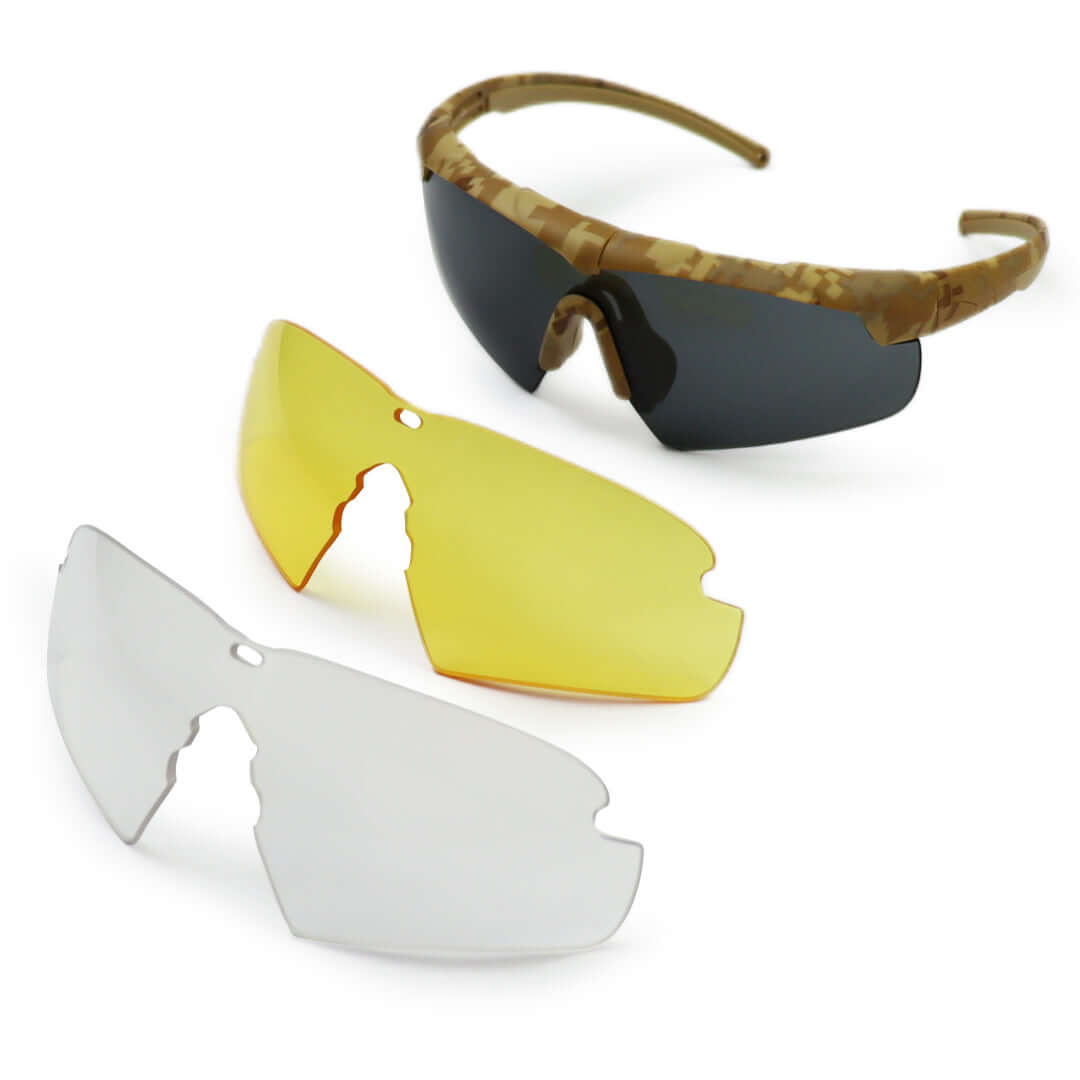 Ballistic Spectacles & Sunglasses with camouflage frame and interchangeable lenses in clear and yellow