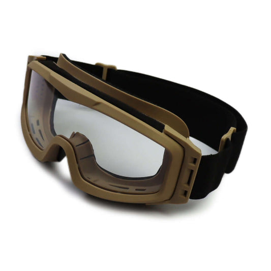 Ballistic Goggles with tan frame and clear lens, designed for military and tactical use.