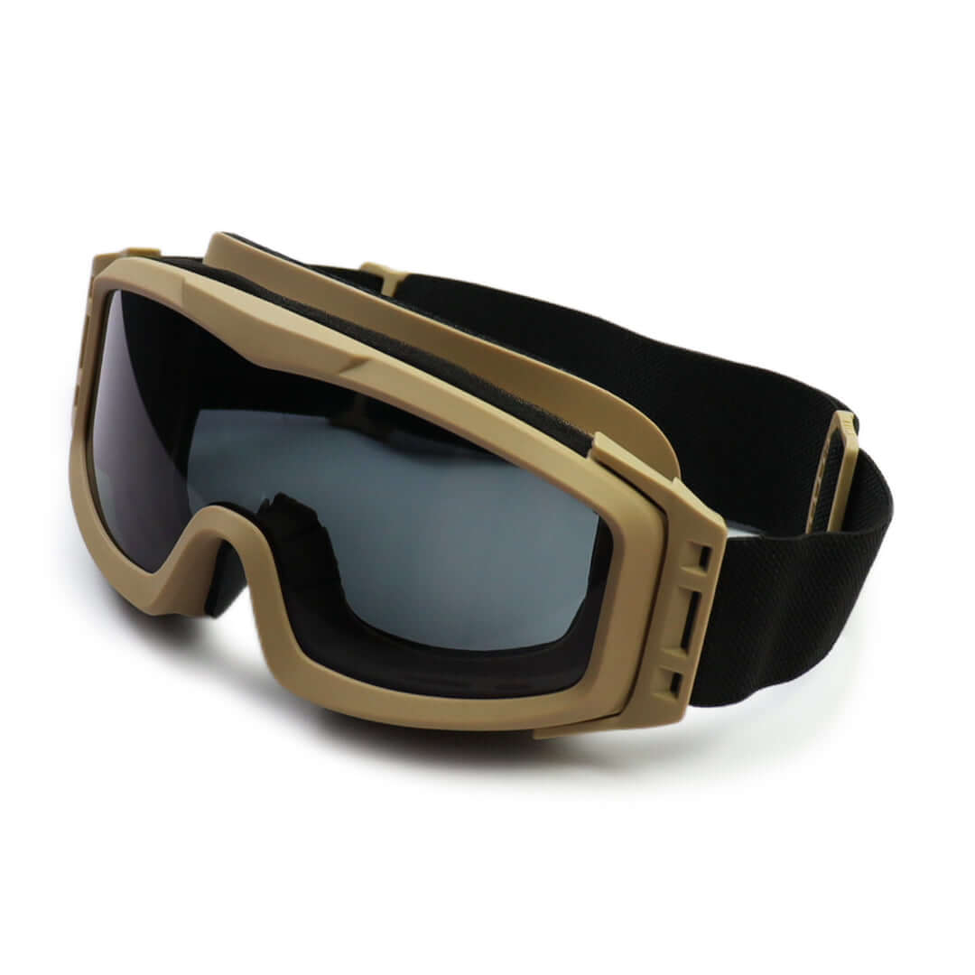 Ballistic Goggles in tan military style with anti-fog gray lens for tactical protection and clear vision.