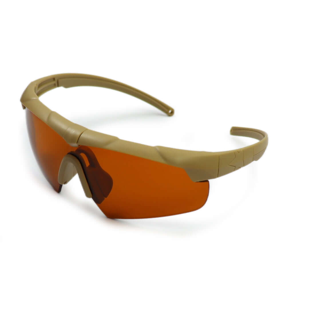 Laser Protective Tactical Spectacle in tan frame with orange lenses for military and police eye protection.