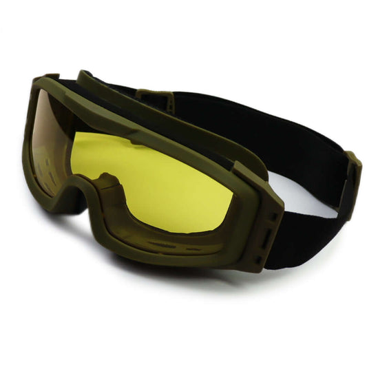 Tactical Ballistic Goggles with green frame and yellow lens, designed for police and military use.
