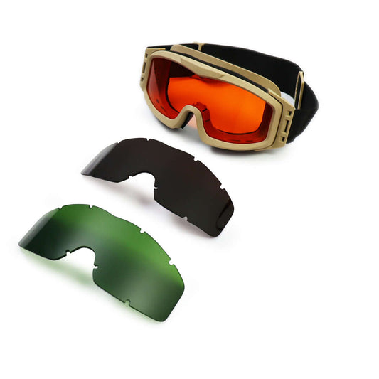 Laser protective ballistic goggles with interchangeable lenses for optimal military eye protection.