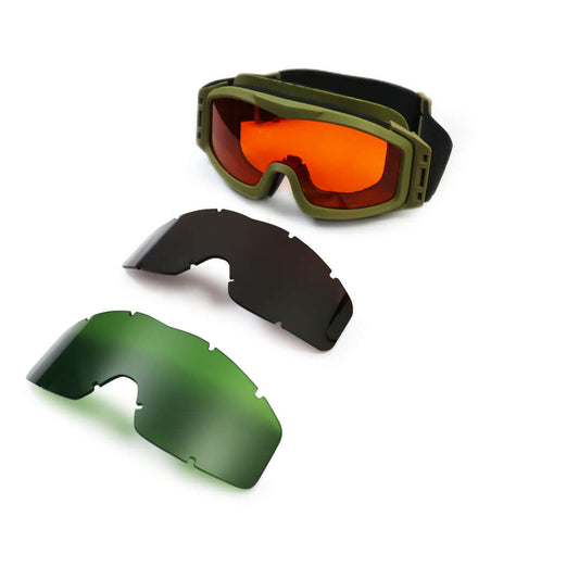 Laser protective ballistic goggles with green frame and three interchangeable lenses.