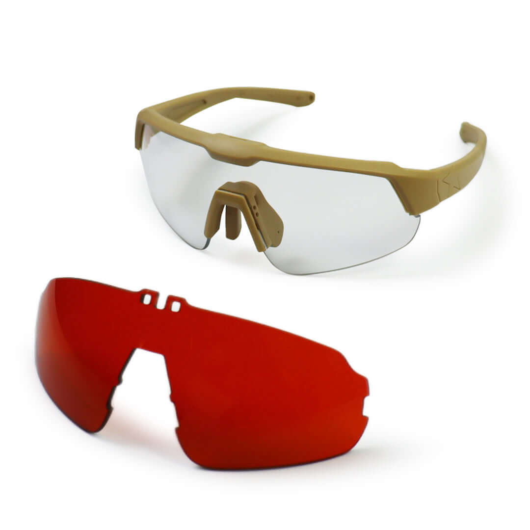 Ballistic Glasses with interchangeable lenses in tan and red for military and tactical use.