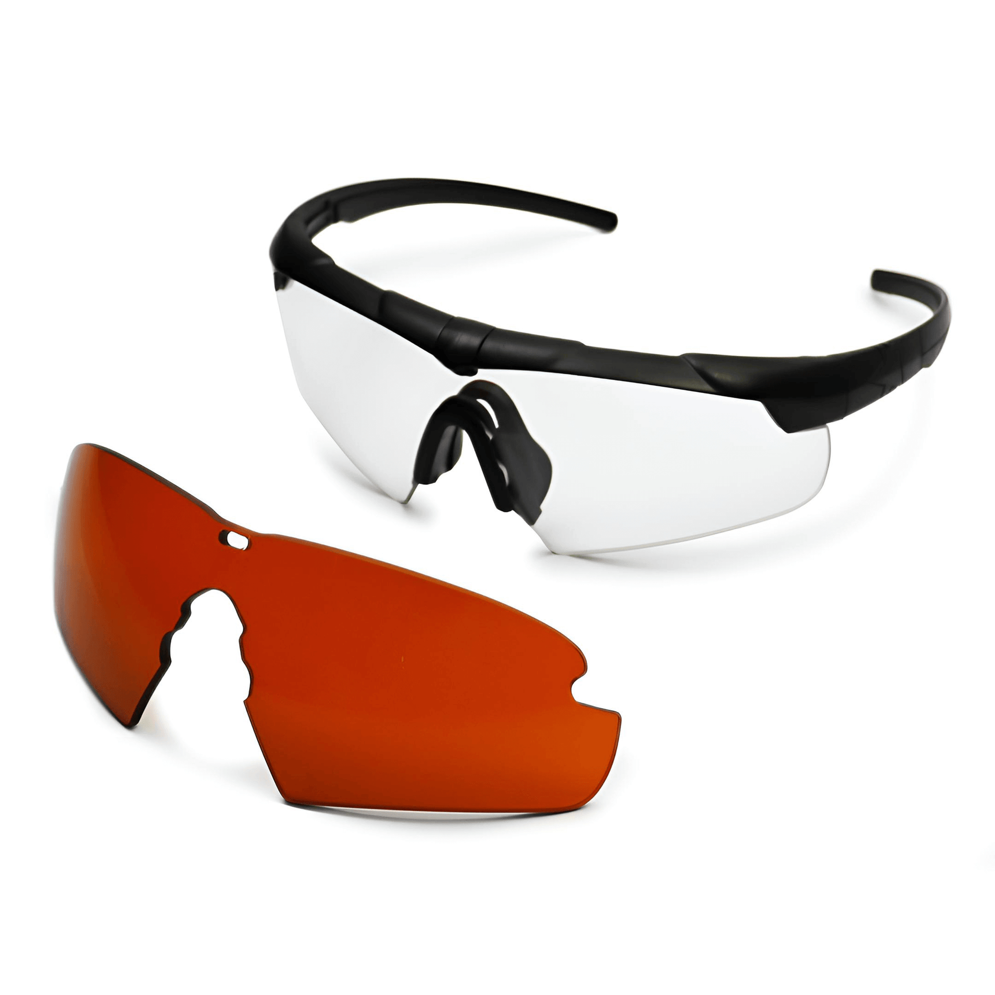 Laser Protective Eyewear, a military and police ballistic 2-lens kit featuring clear and orange interchangeable lenses.