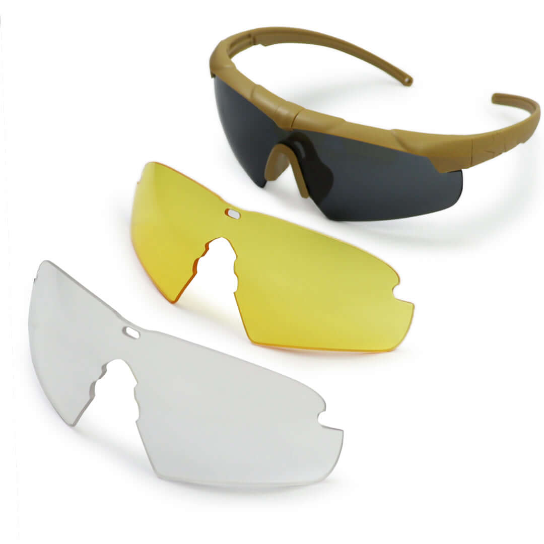Ballistic Glasses in a tactical 3-lens kit with clear, yellow, and dark lenses for military and police use.