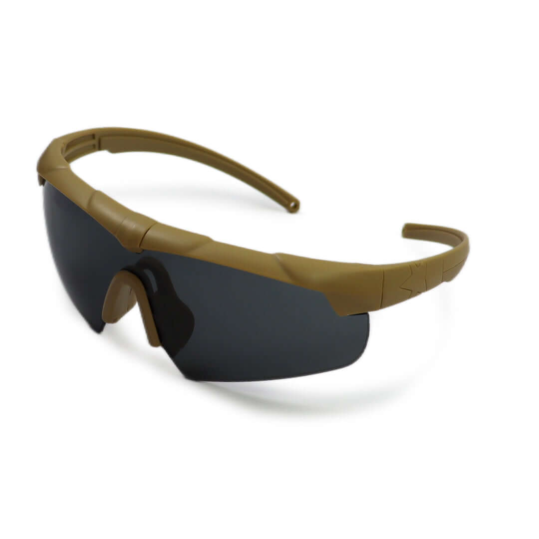 Tactical Ballistic Sunglasses with tan frame and gray lens, ideal for police and military use.