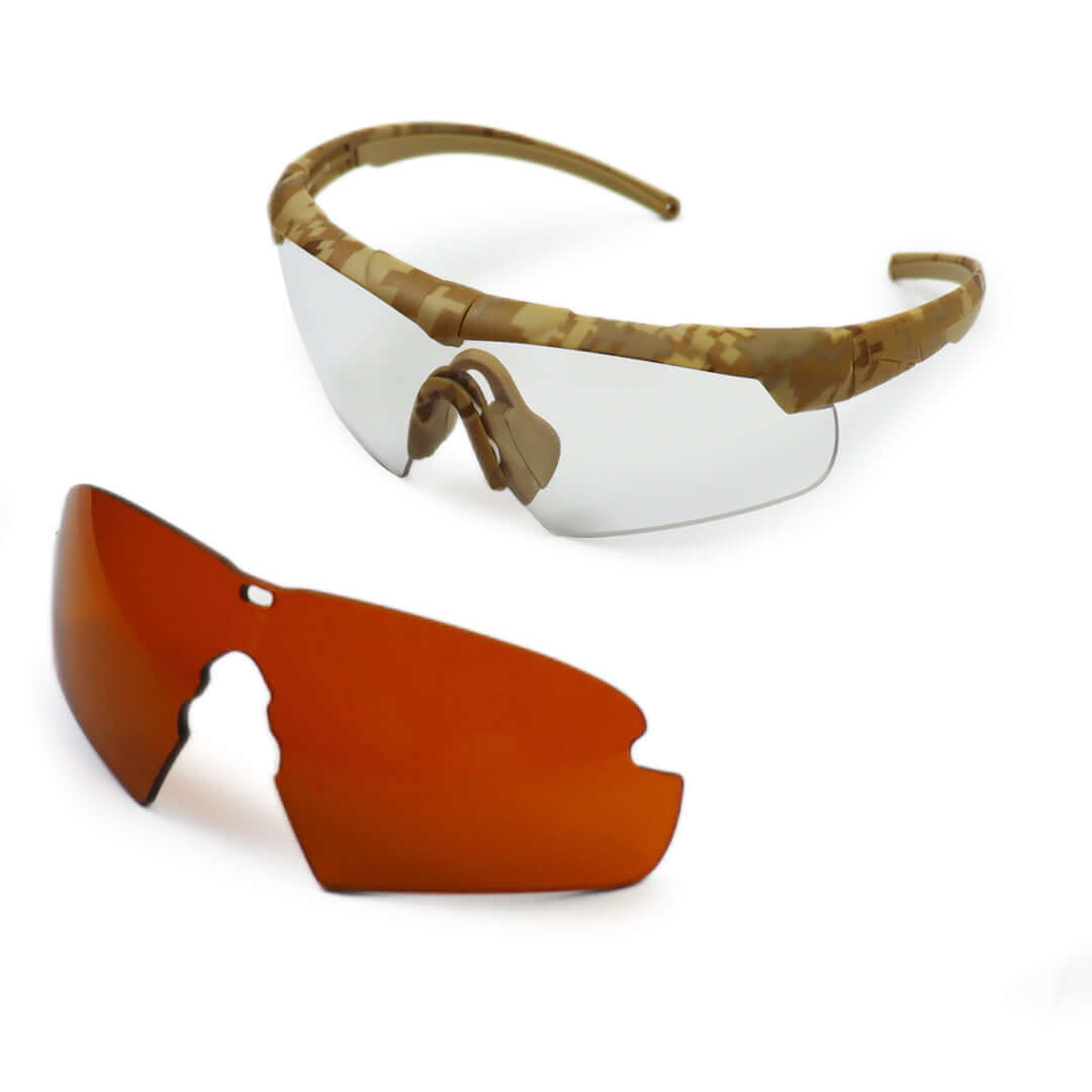 Ballistic Spectacle with camouflage frame and two interchangeable lenses for tactical performance.