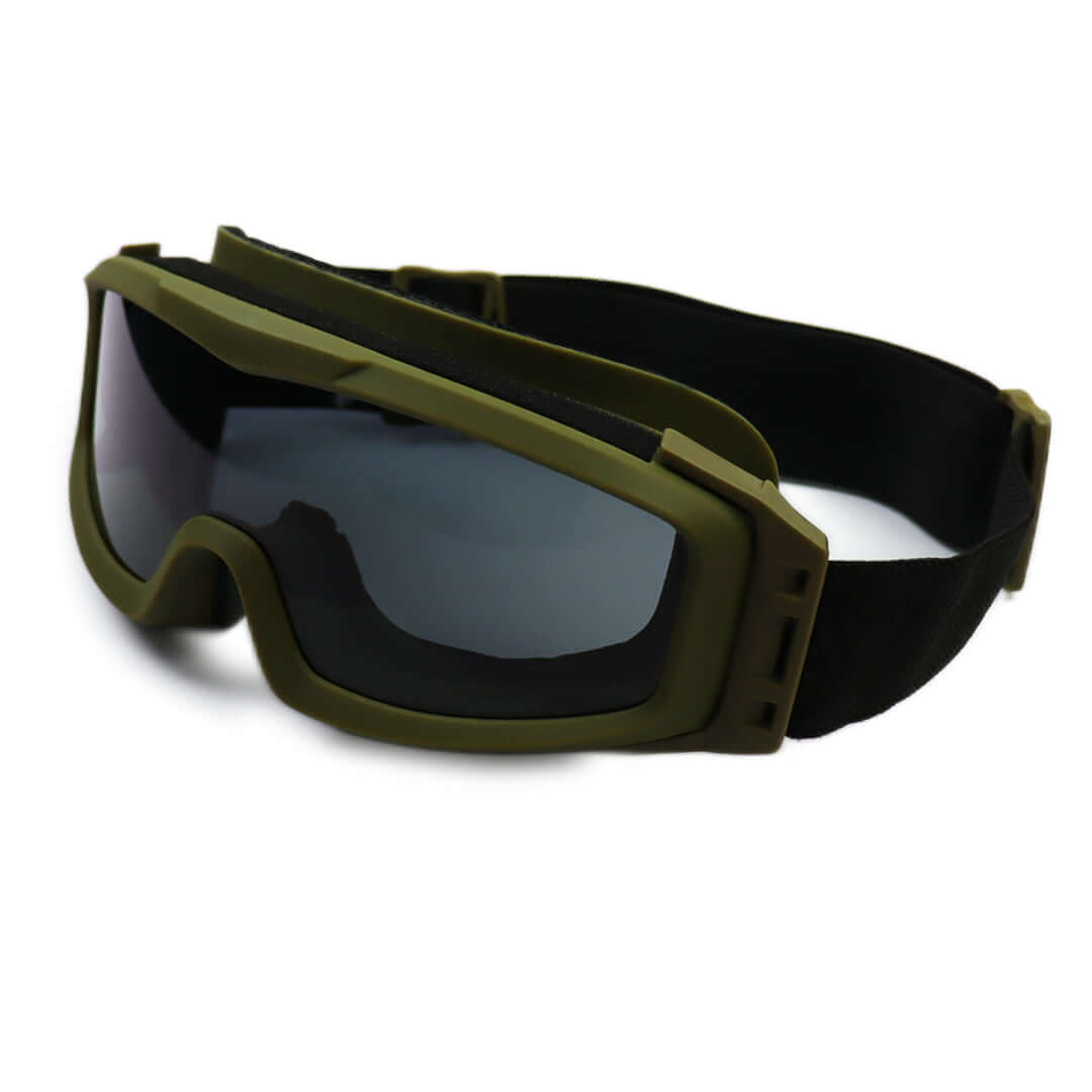 Tactical Ballistic Goggles with green frame and anti-fog gray lens, designed for military and law enforcement use.