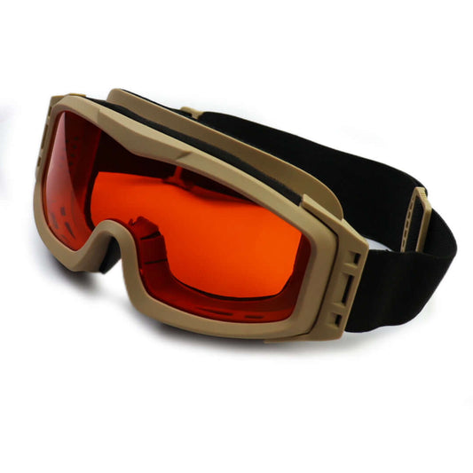Laser Protective Ballistic Goggles in tan with red lenses and adjustable strap for military and tactical use.