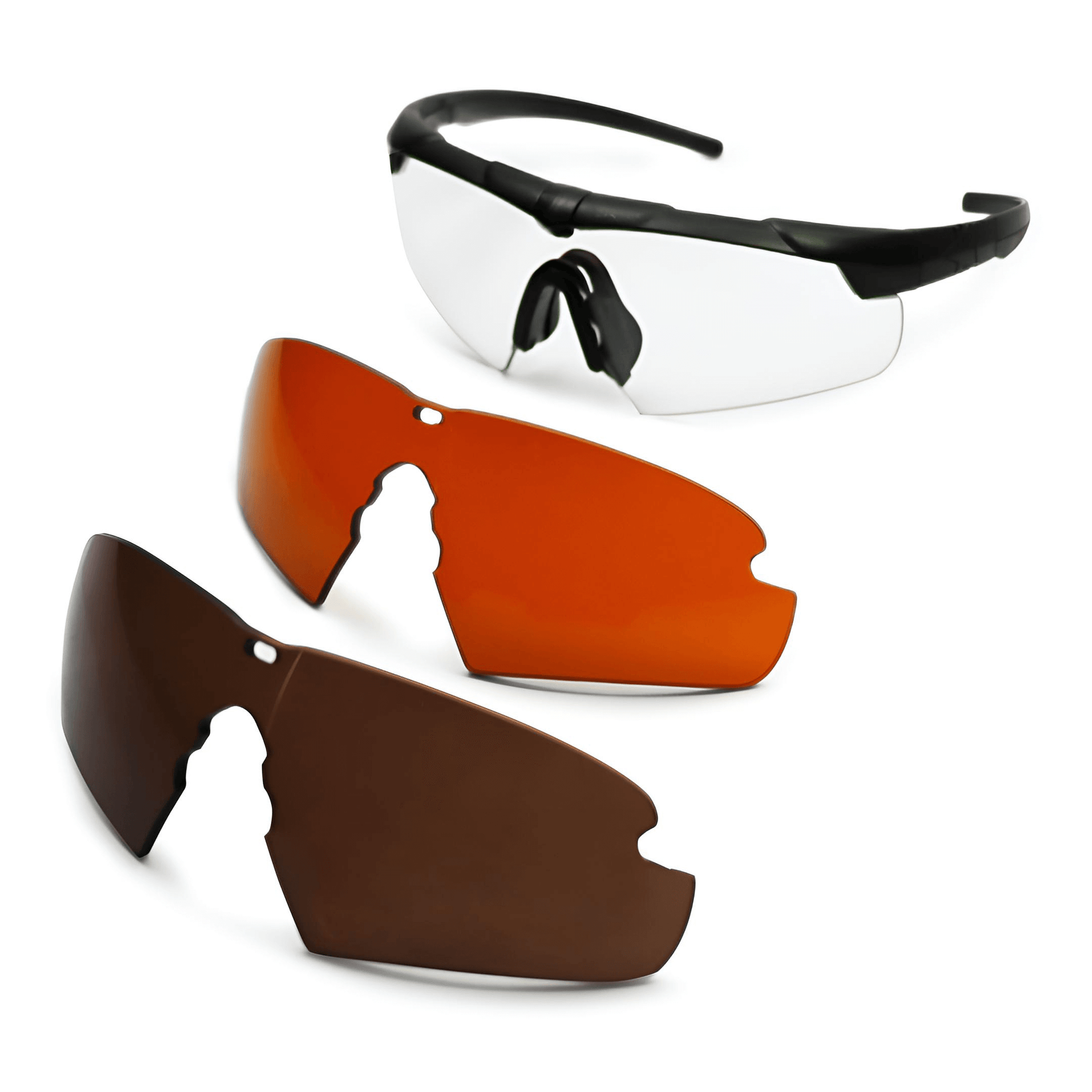 Tactical Glasses with three interchangeable lenses for military and police protection and comfort.