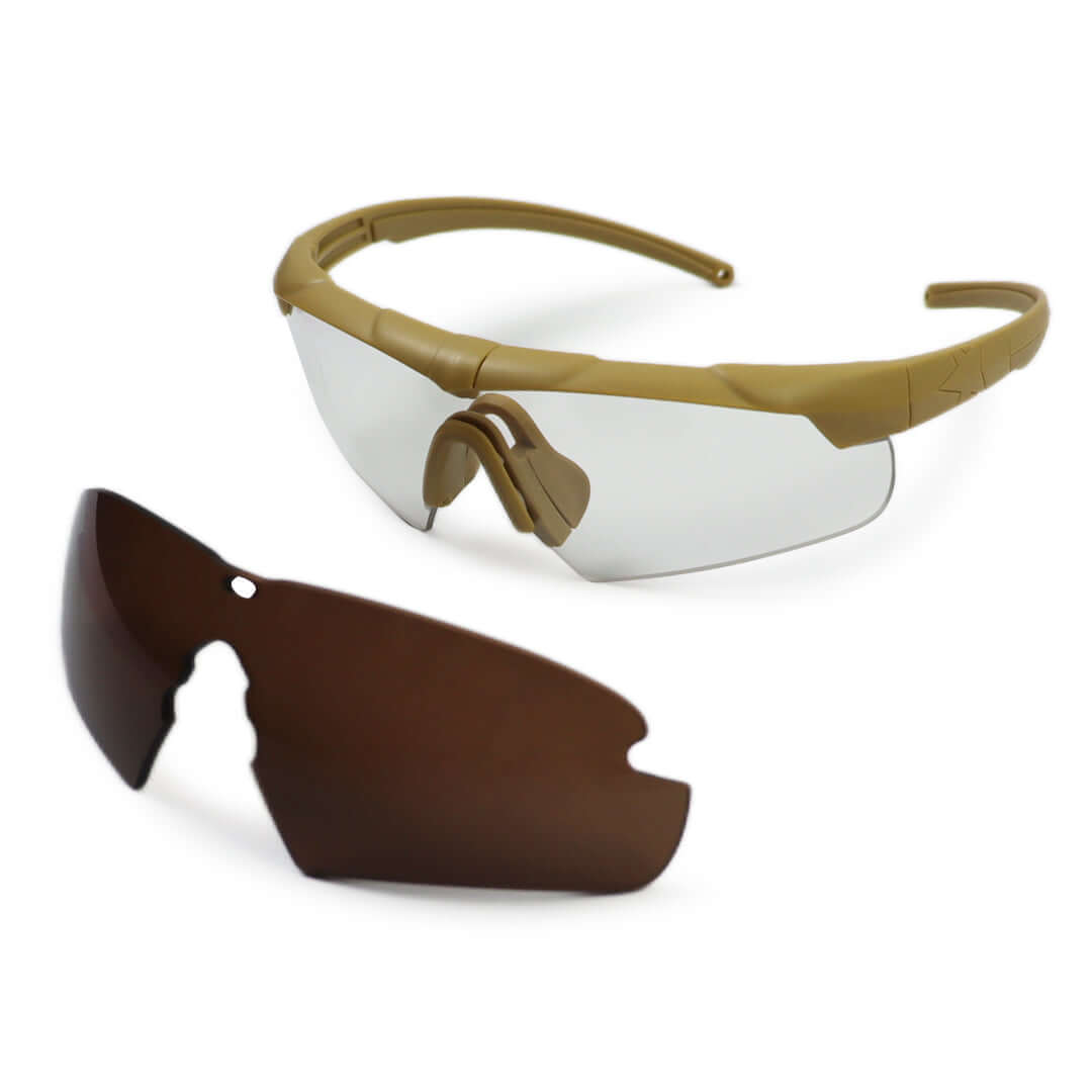 Military Spectacles & Sunglasses - Tan frame ballistic eyewear with removable lens for tactical use.