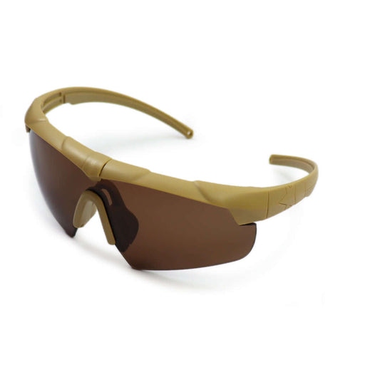 Ballistic Sunglasses with tan frame and brown lens, certified military-grade protective eyewear for tactical professionals.