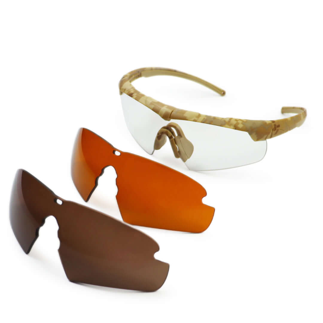 Ballistic Glasses & Sunglasses with camouflage frame and interchangeable lenses for tactical use.