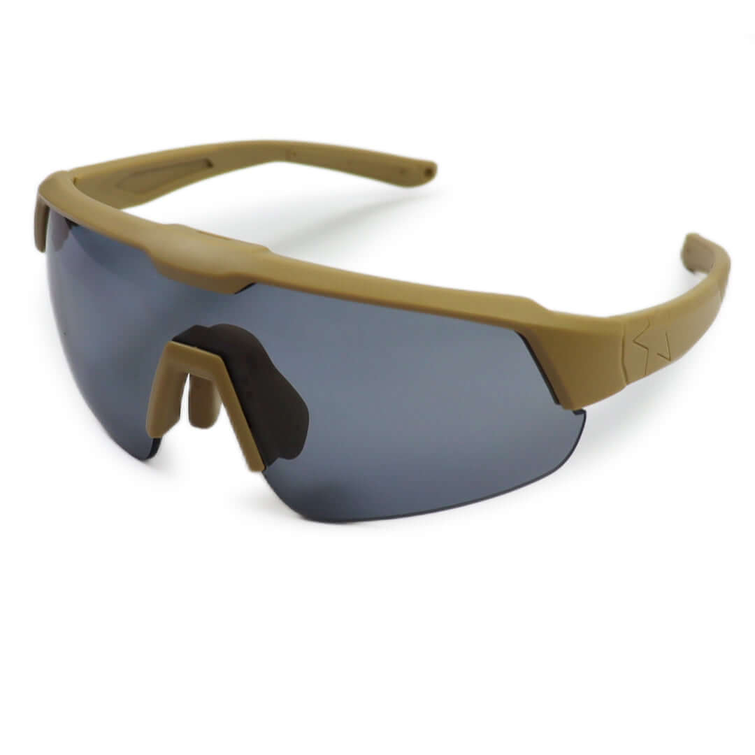Tactical bulletproof Sunglasses in tan frame with a one-lens design for military and police tactical use.