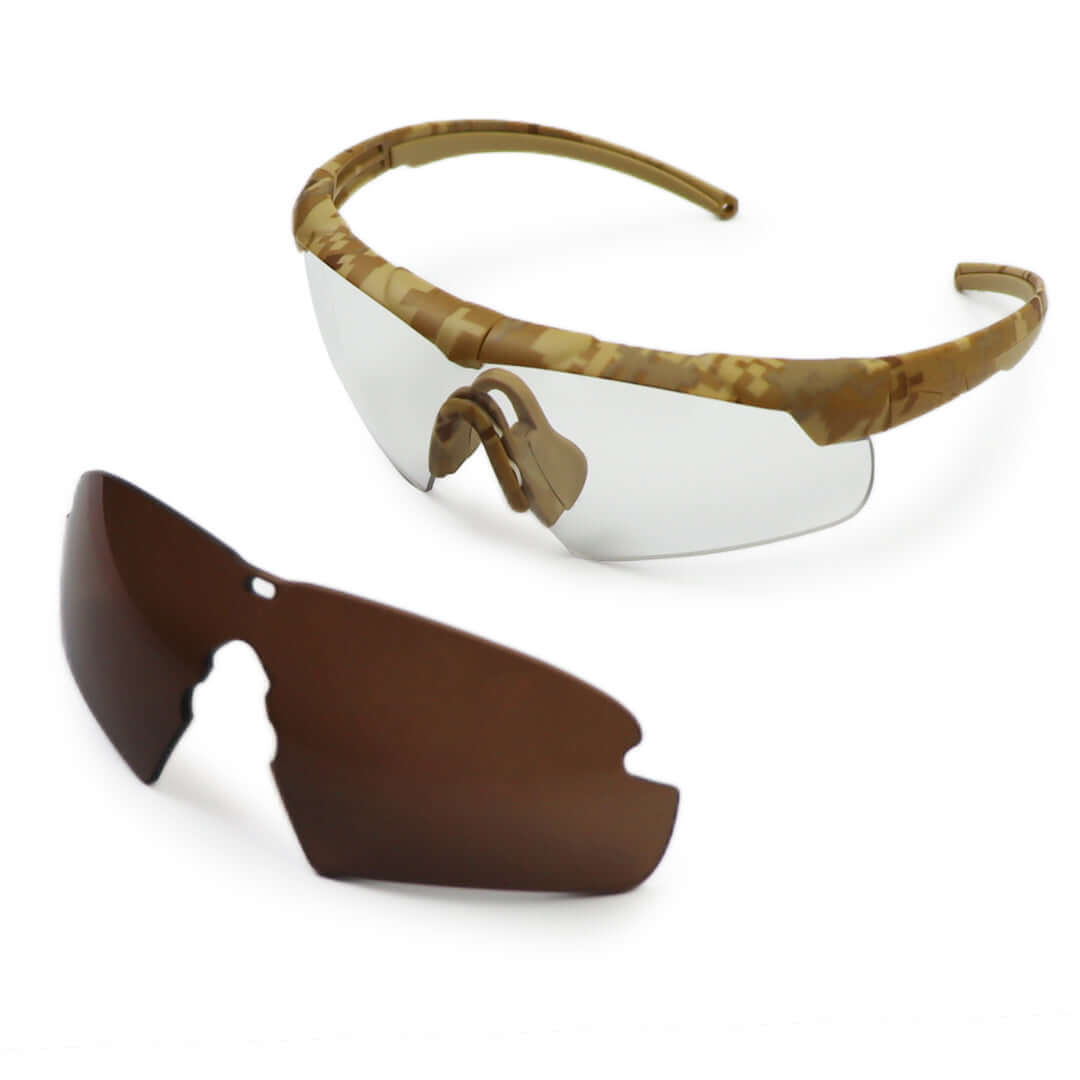 Tactical Ballistic Spectacles & Sunglasses with Camo Frame and interchangeable lenses kit.