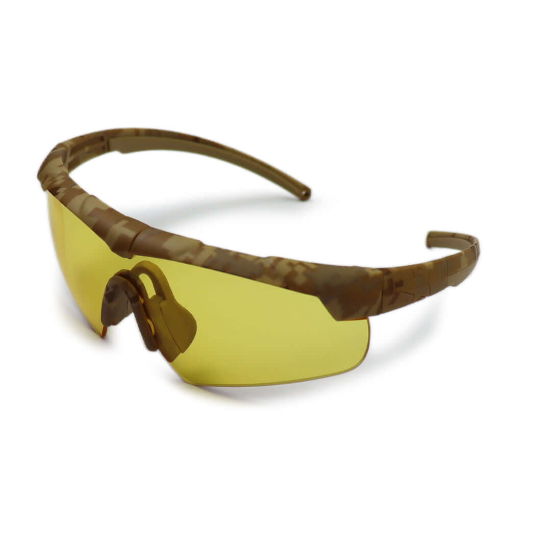 Tactical Glasses with camouflage frame and yellow lenses for military and tactical professionals.